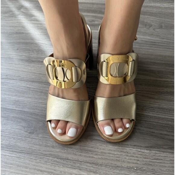 SEE BY CHLOE CHANY Gold LEATHER HEELED SANDALS 38.5 - Picture 10 of 10